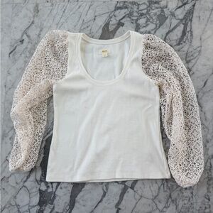 Anthropologie Cream Scoop Neck Top with Lace Balloon Sleeves
